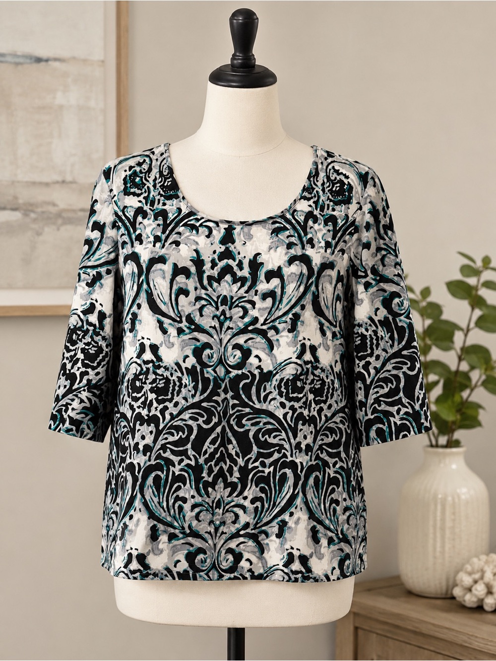 Chico's Black, White & Teal Scroll-Print Scoop Neck Top size L (Chicos 2)